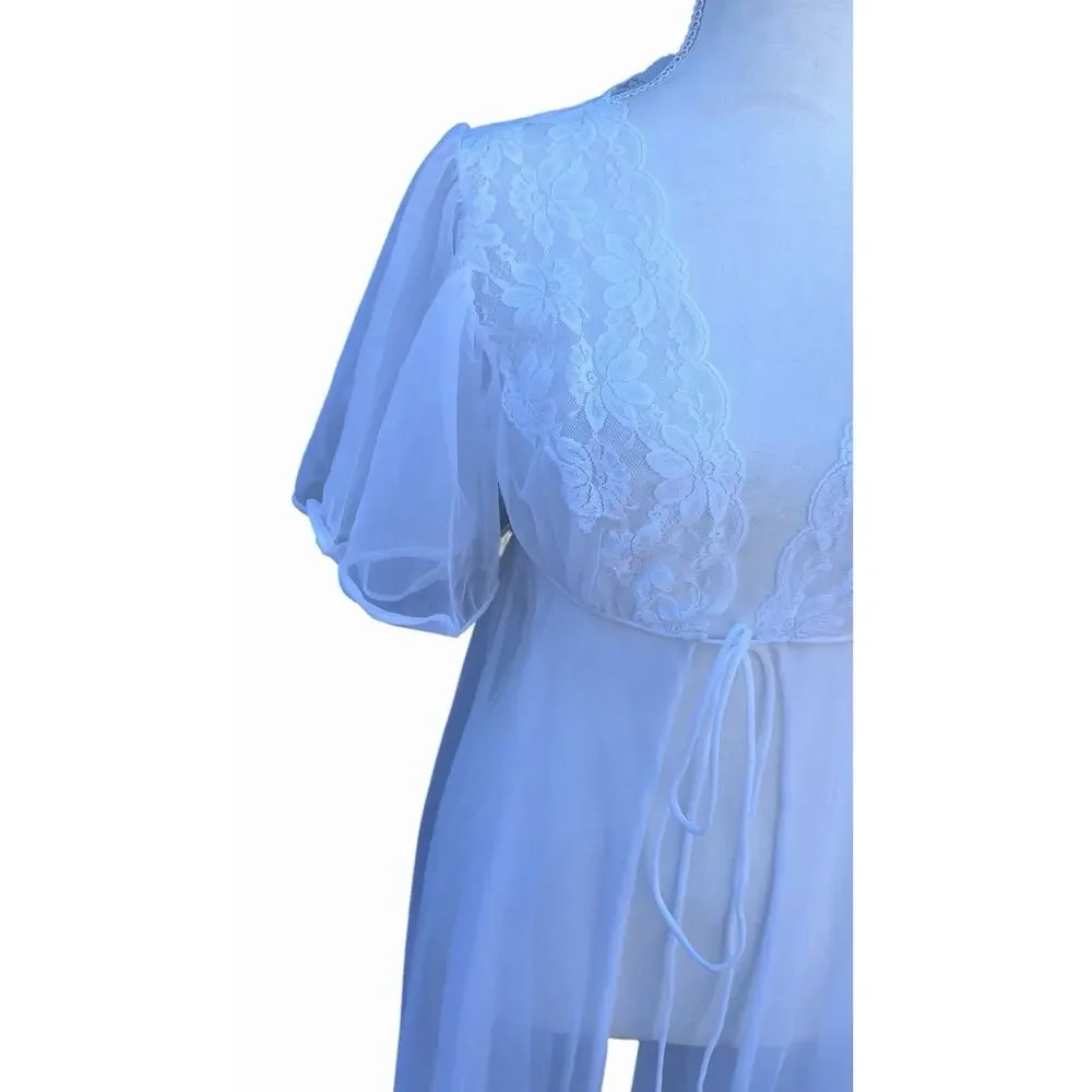 Vintage Vale Mode Sheer Lace Robe White Bridal Lingerie Nylon USA Small
